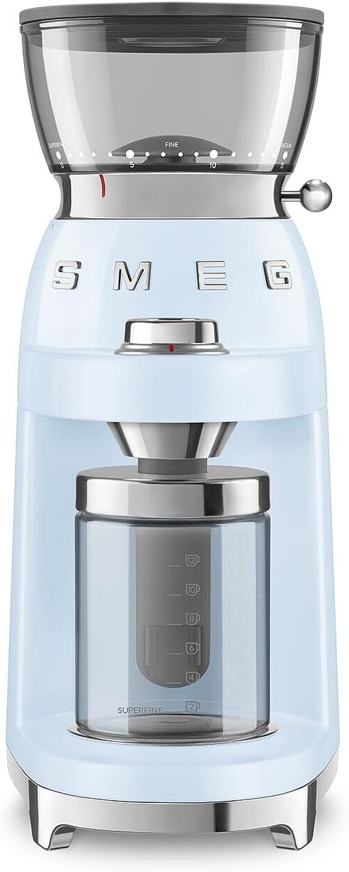 Smeg, Młynek do kawy CGF03BLEU, 15 stopni mielenia, pojemnik na ziarna kawy 240 g, regulowana ilość mielenia, z systemem antystatycznym, 150 W, czarny