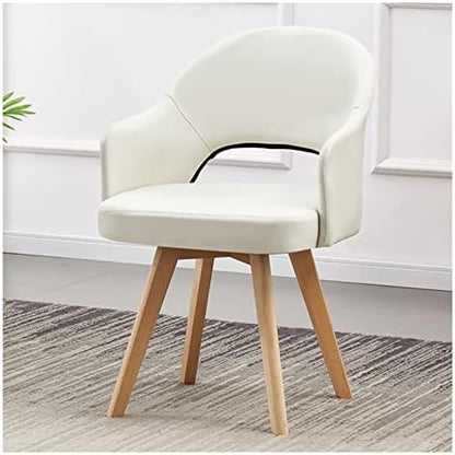 Fotel obrotowy w stylu Mid Century Modern z wyściełanym siedziskiem i nogami z litego drewna bukowego, bez kółek, do użytku w biurze, jadalni lub salonie (jeden rozmiar, kremowy)
