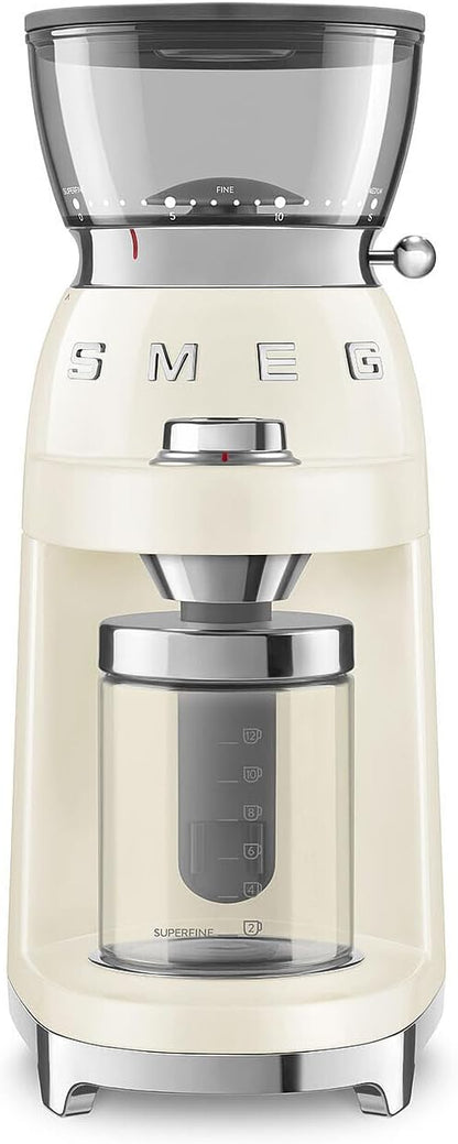 Smeg, Młynek do kawy CGF03BLEU, 15 stopni mielenia, pojemnik na ziarna kawy 240 g, regulowana ilość mielenia, z systemem antystatycznym, 150 W, czarny