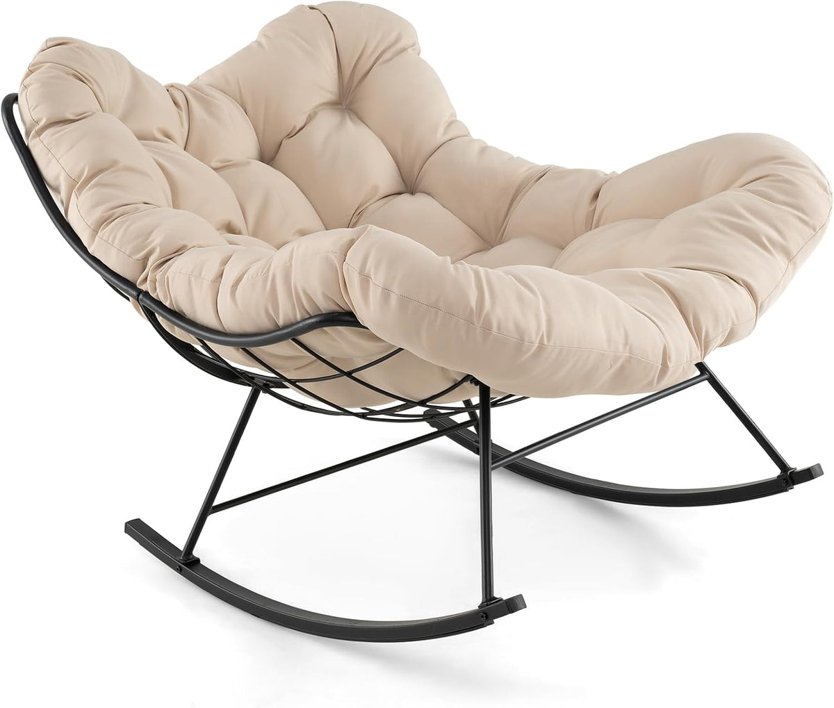 GIANTEX Fotel bujany w kształcie jajka z grubą poduszką, fotel bujany, obciążenie 205 kg, metalowa rama, do salonu, balkonu, ogrodu, na taras, beżowe