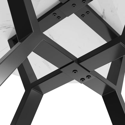 Okrągły stół do jadalni, wygląd marmuru, średnica 100 cm, czarny metalowy uchwyt w kształcie litery X, nowoczesny, MDF, wysokość 75 cm