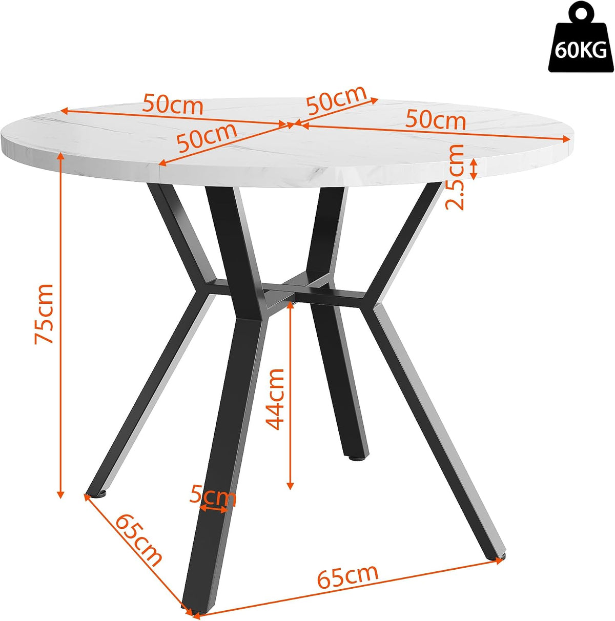 Okrągły stół do jadalni, wygląd marmuru, średnica 100 cm, czarny metalowy uchwyt w kształcie litery X, nowoczesny, MDF, wysokość 75 cm