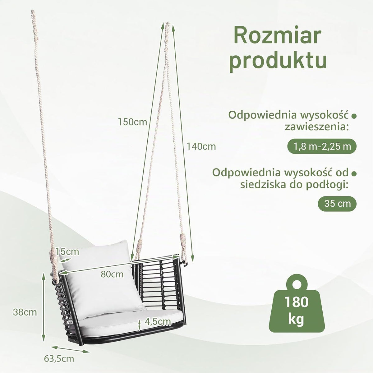COSTWAY Fotel wiszący, rattanowy, obciążenie do 180 kg, fotel wiszący z poduszkami, metalową ramą i linami wiszącymi, fotel bujany, na werandę, do ogrodu, na podwórko (biały)