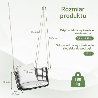 COSTWAY Fotel wiszący, rattanowy, obciążenie do 180 kg, fotel wiszący z poduszkami, metalową ramą i linami wiszącymi, fotel bujany, na werandę, do ogrodu, na podwórko (biały)