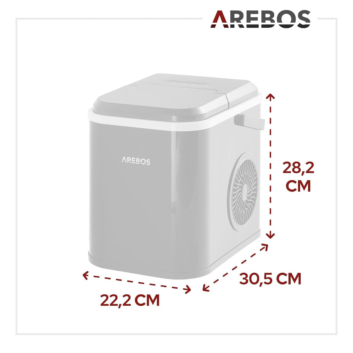 Arebos Kostkarka do lodu | 12 kg / 24 h | czas produkcji 10-15 minut | zbiornik na wodę o pojemności 1,1 l | kostkarka do lodu | cicha praca | funkcja samoczyszczenia | czarna