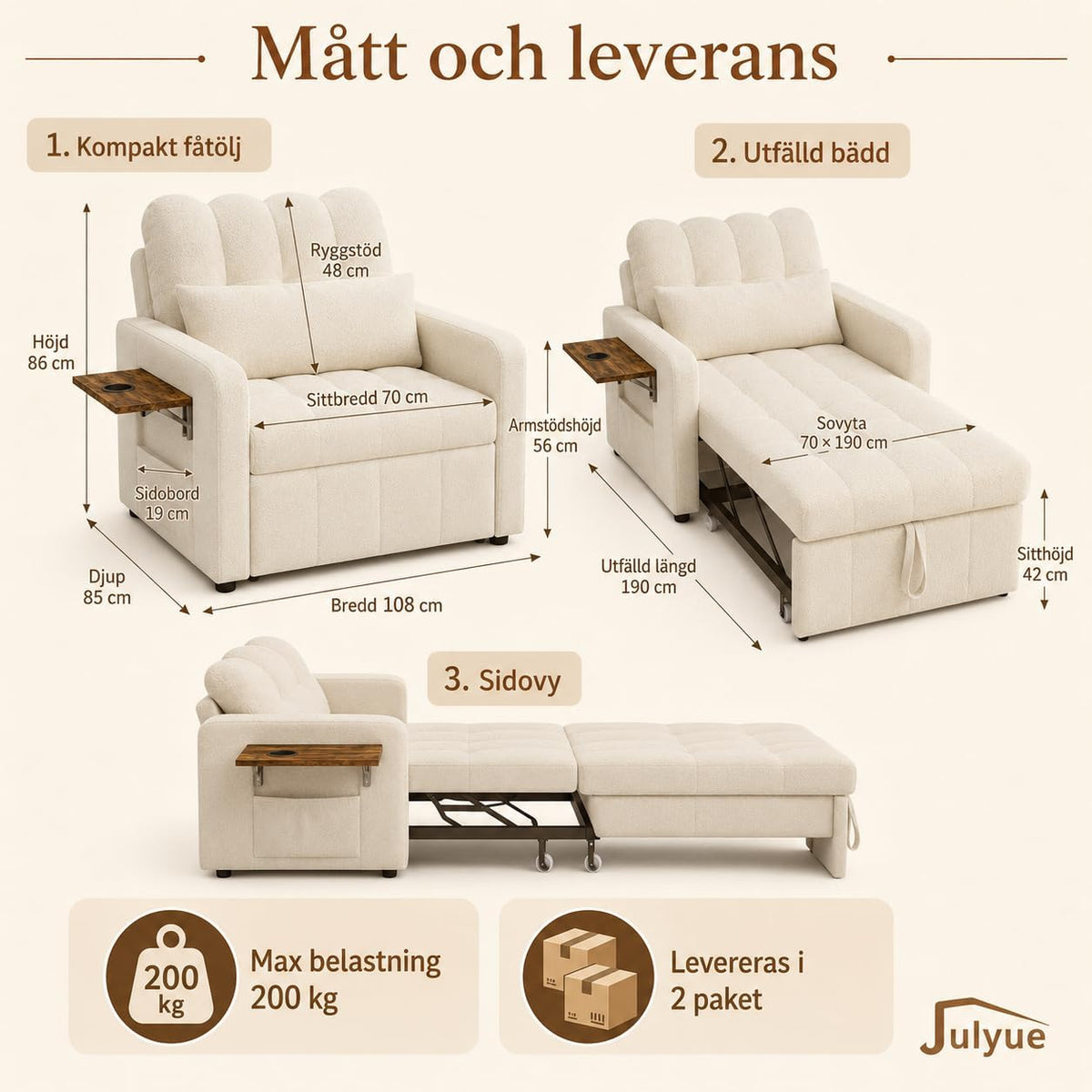Mała sofa z funkcją spania 3 w 1, rozkładane łóżko 190 cm z kieszenią boczną, fotel do spania, fotel relaksacyjny, rozkładana sofa, taboret do spania z funkcją łóżka do 200 kg, beżowy materiał