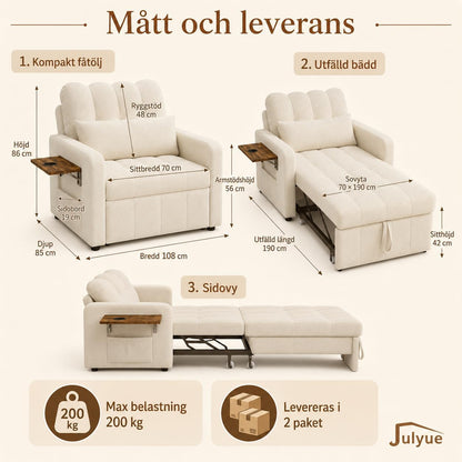 Mała sofa z funkcją spania 3 w 1, rozkładane łóżko 190 cm z kieszenią boczną, fotel do spania, fotel relaksacyjny, rozkładana sofa, taboret do spania z funkcją łóżka do 200 kg, beżowy materiał