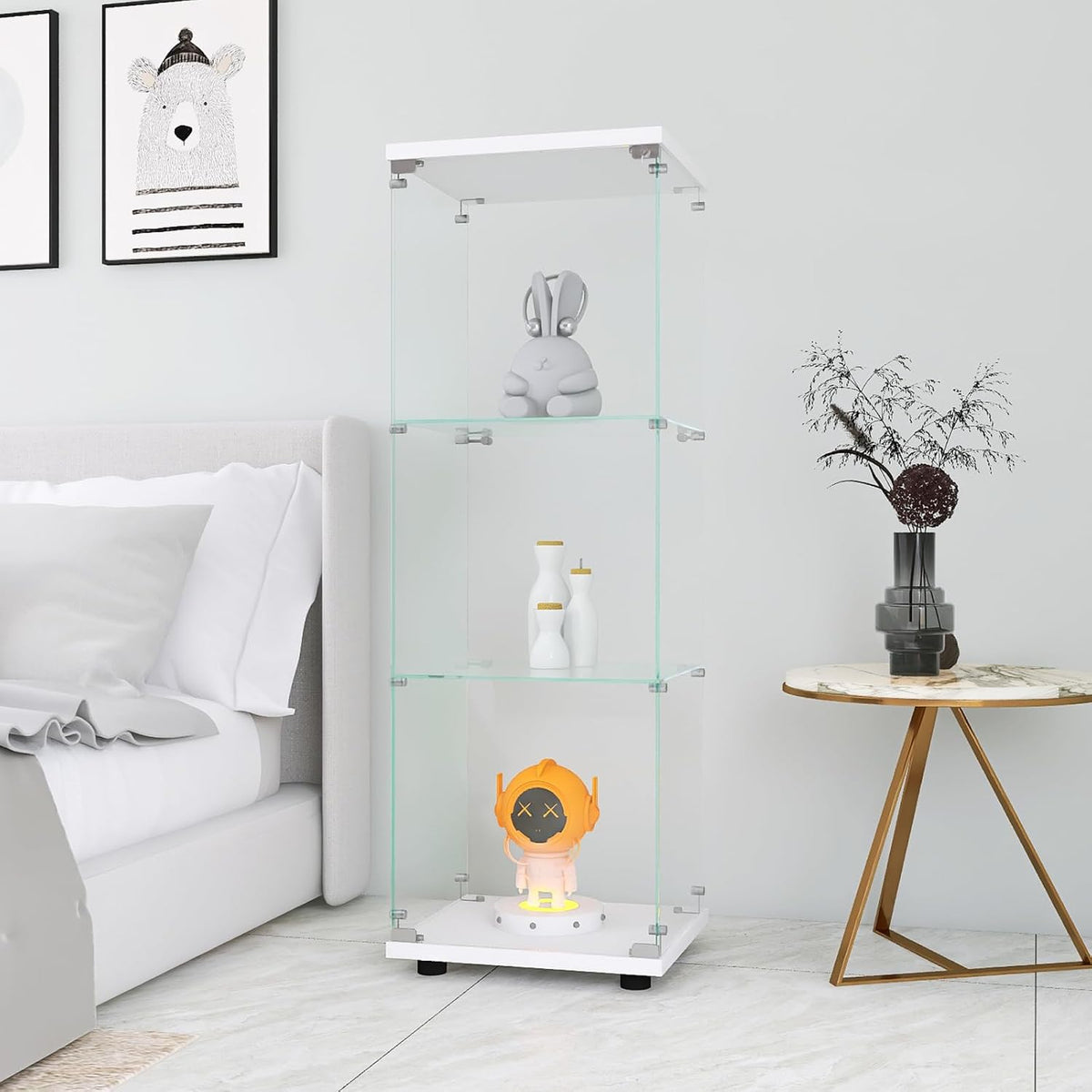 szklany stojąca witryna, 4 warstwy szklanej, 1 drzwi, lampa LED, zamek z tylną ścianką lustrzaną, szafka do salonu na przedmioty kolekcjonerskie i książki,