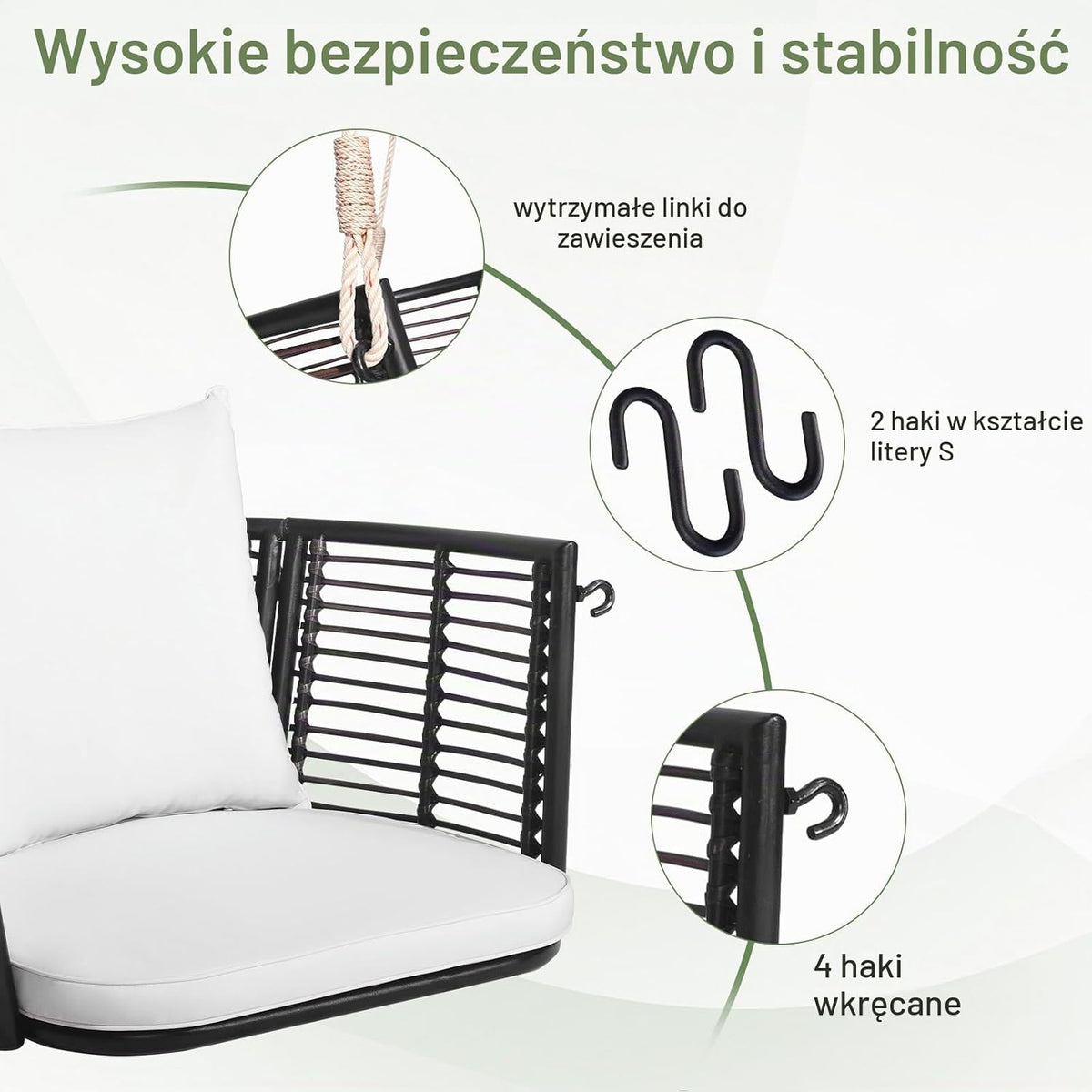COSTWAY Fotel wiszący, rattanowy, obciążenie do 180 kg, fotel wiszący z poduszkami, metalową ramą i linami wiszącymi, fotel bujany, na werandę, do ogrodu, na podwórko (biały)