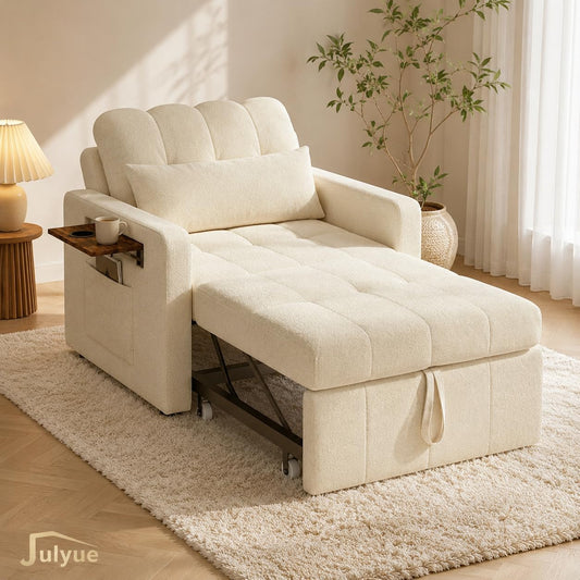 Mała sofa z funkcją spania 3 w 1, rozkładane łóżko 190 cm z kieszenią boczną, fotel do spania, fotel relaksacyjny, rozkładana sofa, taboret do spania z funkcją łóżka do 200 kg, beżowy materiał
