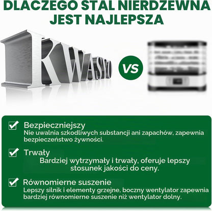 Kwasyo Suszarka ze stali nierdzewnej, 12 poziomów, całkowicie czarna, regulacja temperatury 30-90°C, timer 24-godzinny, zeszyt z przepisami na mięso, owoce, warzywa, zioła, 900 W, LT-09