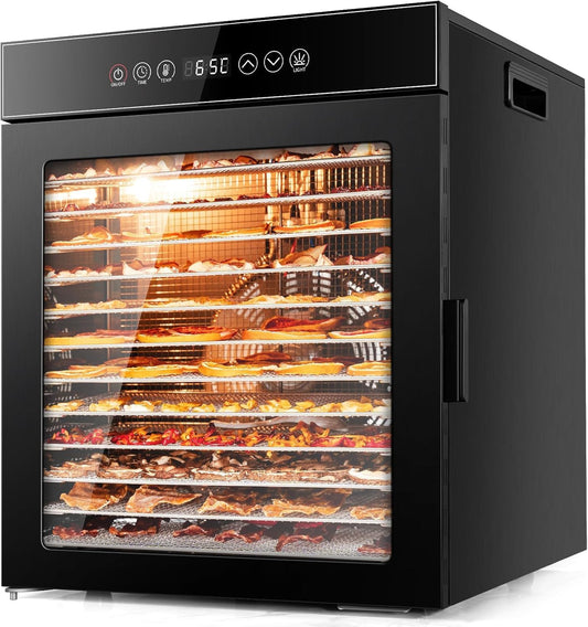 Kwasyo Suszarka ze stali nierdzewnej, 12 poziomów, całkowicie czarna, regulacja temperatury 30-90°C, timer 24-godzinny, zeszyt z przepisami na mięso, owoce, warzywa, zioła, 900 W, LT-09