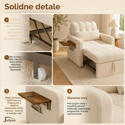 Mała sofa z funkcją spania 3 w 1, rozkładane łóżko 190 cm z kieszenią boczną, fotel do spania, fotel relaksacyjny, rozkładana sofa, taboret do spania z funkcją łóżka do 200 kg, beżowy materiał