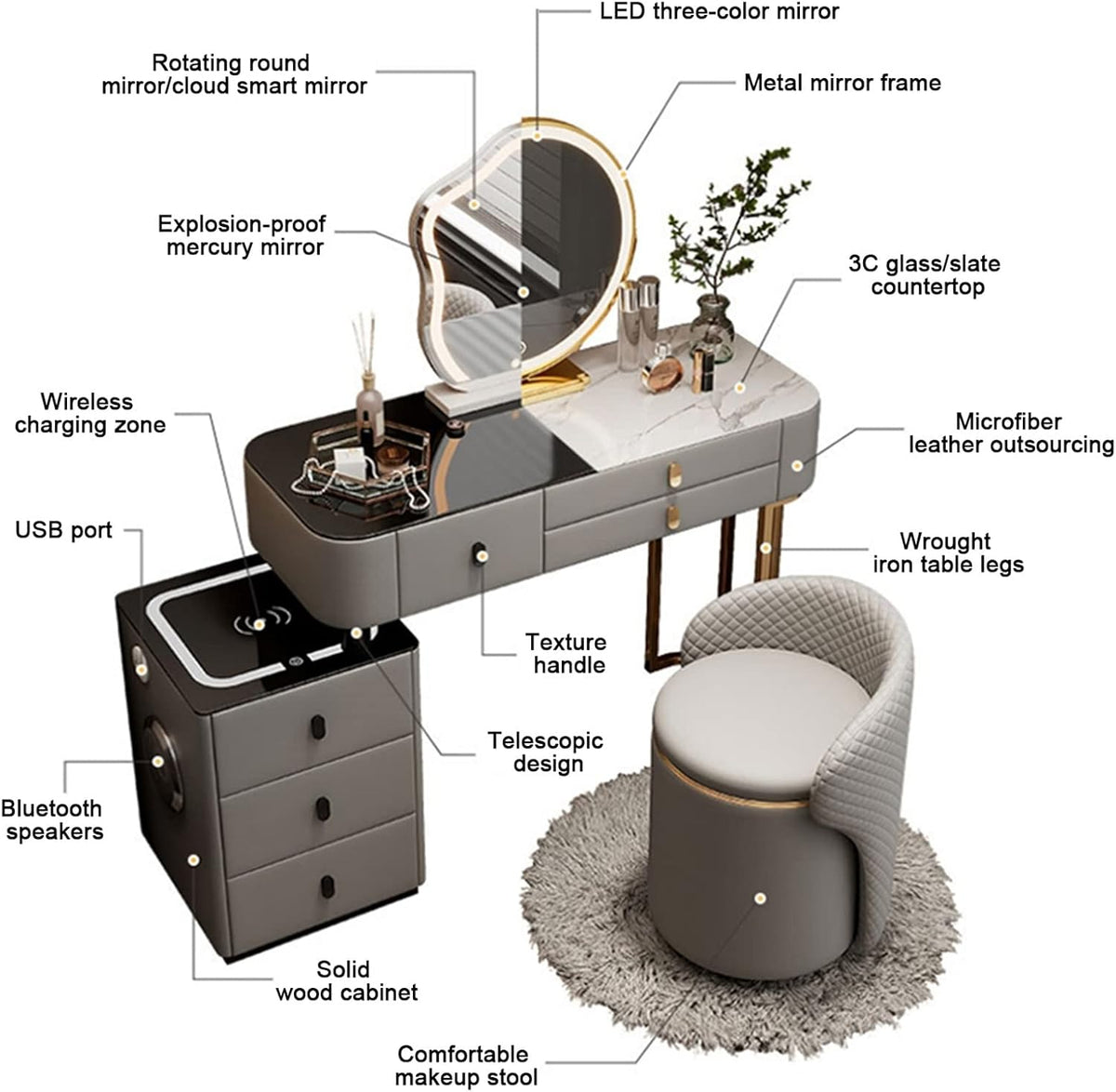 Elegancka beżowa toaletka z dotykowym lustrem LED 3 tryby oświetlenia kolorów 3 szuflady szafka do przechowywania i stacja ładująca idealne do sypialni makijaż toaletka (rozmiar: A)