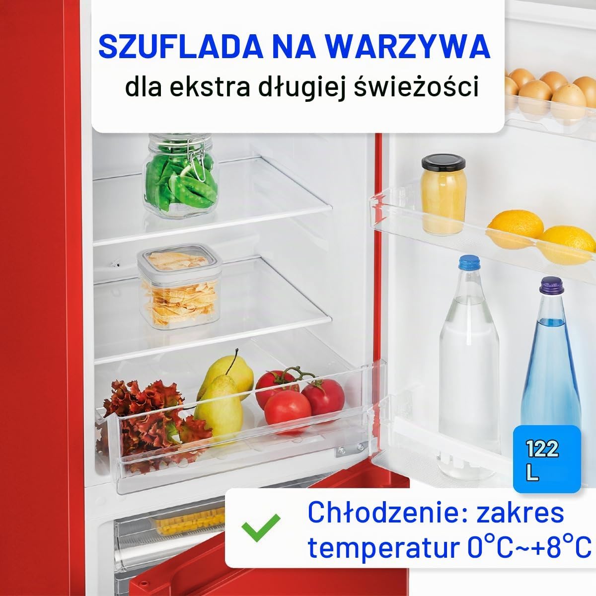 Bomann 175L czerwona lodówka i zamrażarka KG320-2-czerwona, Pojemność netto: 175 l, bezstopniowa regulacja temperatury, zawiasy do drzwi po prawej stronie, wymienne, regulowane nóżki