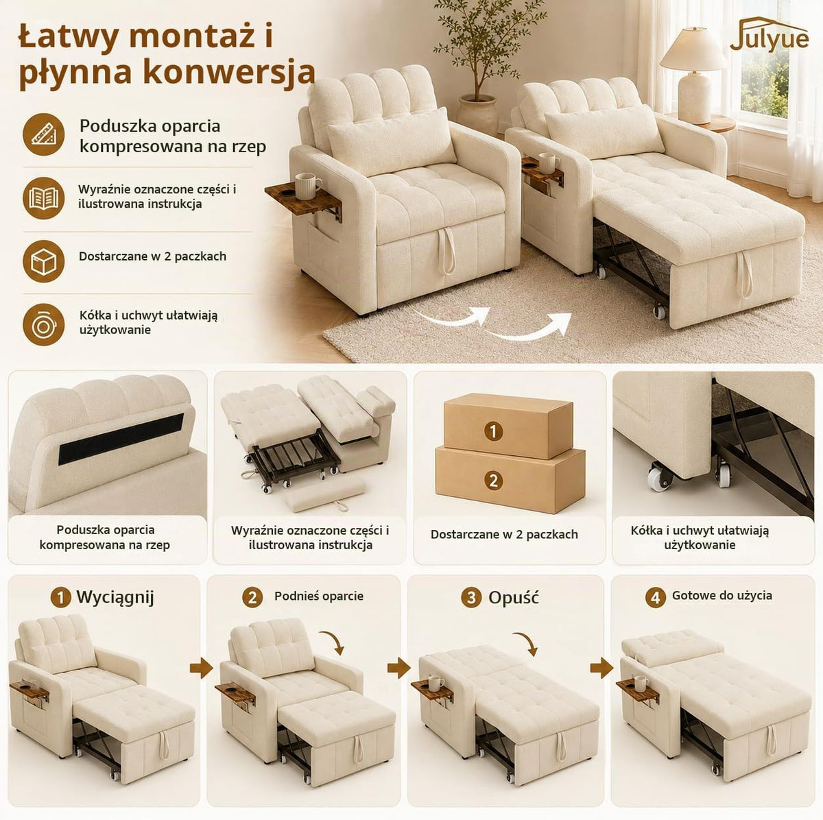 Mała sofa z funkcją spania 3 w 1, rozkładane łóżko 190 cm z kieszenią boczną, fotel do spania, fotel relaksacyjny, rozkładana sofa, taboret do spania z funkcją łóżka do 200 kg, beżowy materiał
