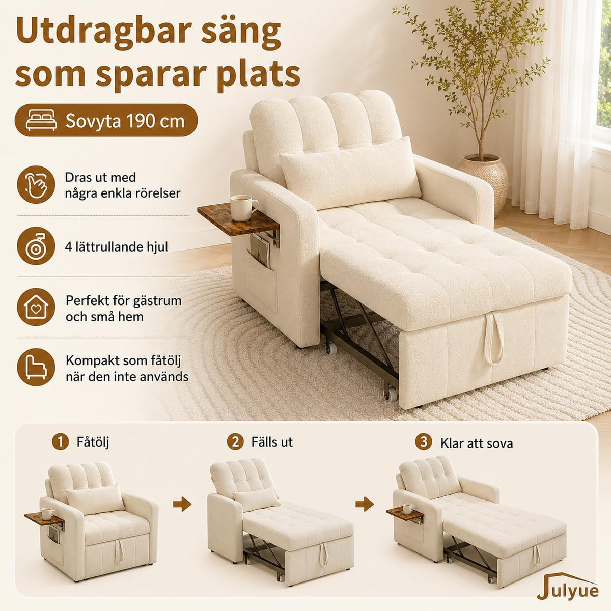 Mała sofa z funkcją spania 3 w 1, rozkładane łóżko 190 cm z kieszenią boczną, fotel do spania, fotel relaksacyjny, rozkładana sofa, taboret do spania z funkcją łóżka do 200 kg, beżowy materiał