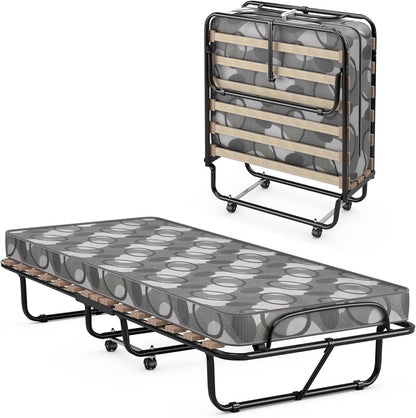 COSTWAY Łóżko dla gości z materacem z pianki, 80 x 190 cm, stabilne metalowe, do 130 kg, składane na kółkach, do pokoju gościnnego
