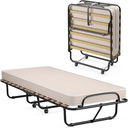 COSTWAY Łóżko dla gości z materacem z pianki, 80 x 190 cm, stabilne metalowe, do 130 kg, składane na kółkach, do pokoju gościnnego
