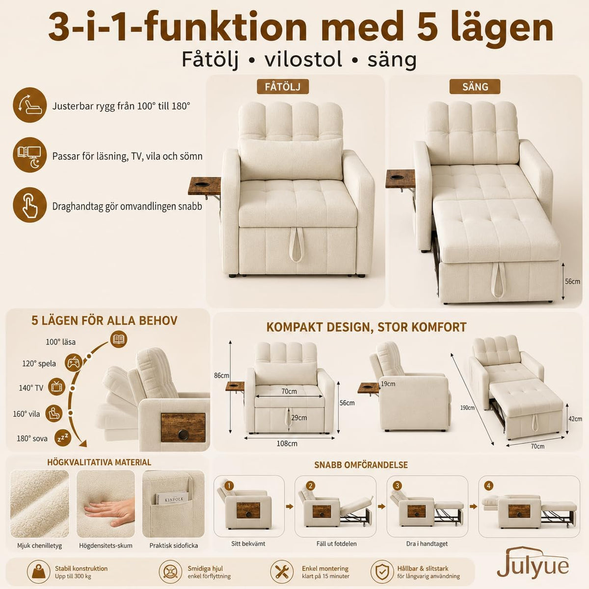 Mała sofa z funkcją spania 3 w 1, rozkładane łóżko 190 cm z kieszenią boczną, fotel do spania, fotel relaksacyjny, rozkładana sofa, taboret do spania z funkcją łóżka do 200 kg, beżowy materiał