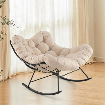 GIANTEX Fotel bujany w kształcie jajka z grubą poduszką, fotel bujany, obciążenie 205 kg, metalowa rama, do salonu, balkonu, ogrodu, na taras, beżowe
