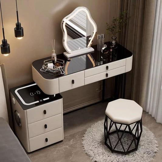 Elegancka beżowa toaletka z dotykowym lustrem LED 3 tryby oświetlenia kolorów 3 szuflady szafka do przechowywania i stacja ładująca idealne do sypialni makijaż toaletka (rozmiar: A)