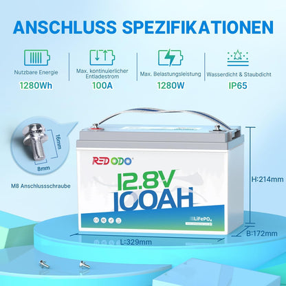 Redodo Akumulator litowy LiFePO4 12 V, 100 Ah, akumulator litowy 1280 Wh wbudowany w BMS 100 A, do 15000 cykli, 10 lat żywotności, idealny jako prąd awaryjny do samochodów kempingowych, Off Grid,