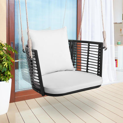 COSTWAY Fotel wiszący, rattanowy, obciążenie do 180 kg, fotel wiszący z poduszkami, metalową ramą i linami wiszącymi, fotel bujany, na werandę, do ogrodu, na podwórko (biały)
