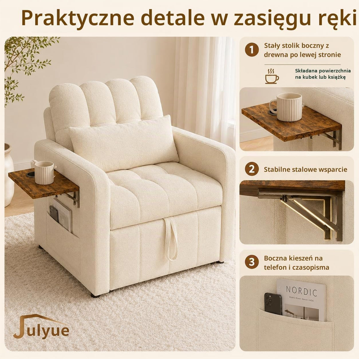 Mała sofa z funkcją spania 3 w 1, rozkładane łóżko 190 cm z kieszenią boczną, fotel do spania, fotel relaksacyjny, rozkładana sofa, taboret do spania z funkcją łóżka do 200 kg, beżowy materiał