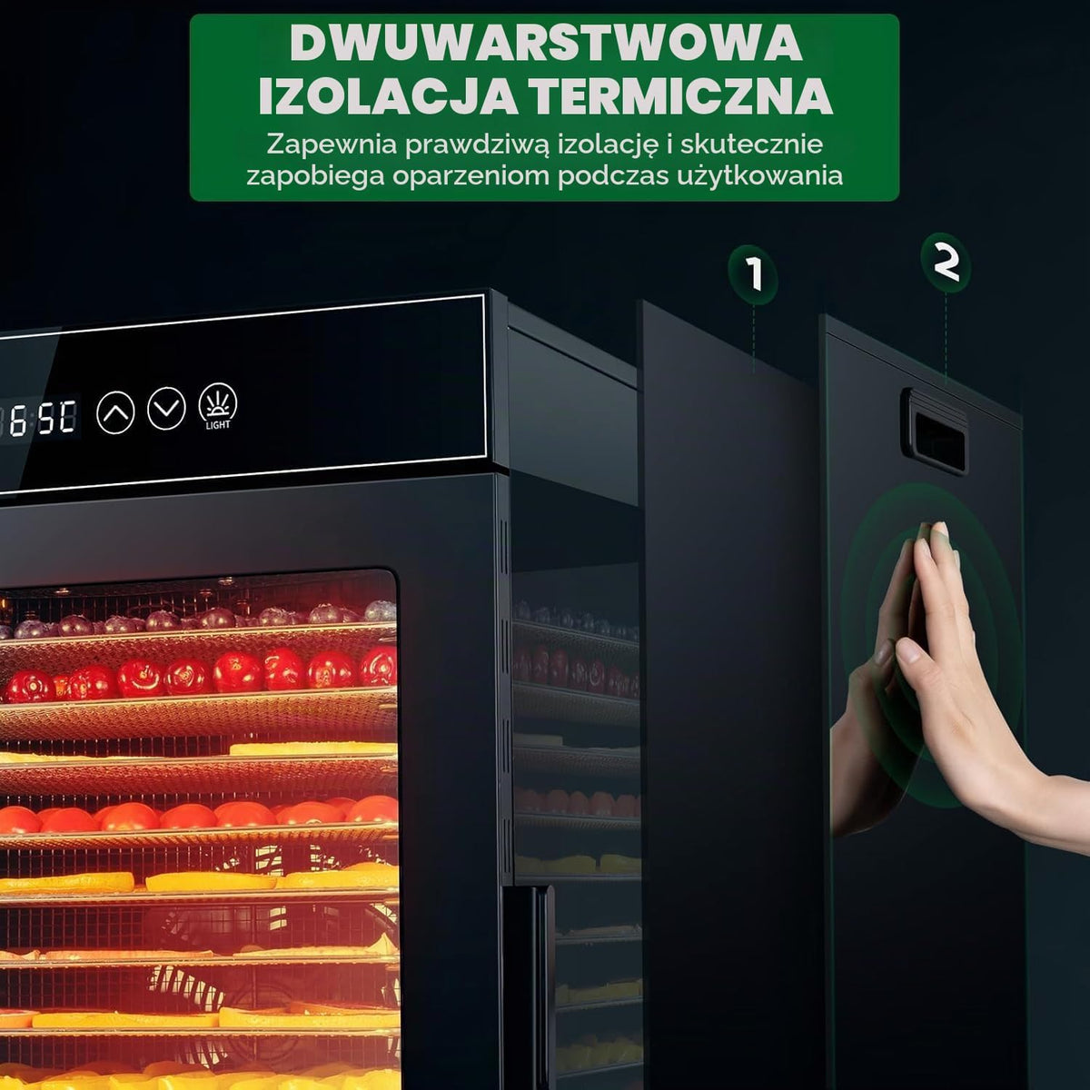 Kwasyo Suszarka ze stali nierdzewnej, 12 poziomów, całkowicie czarna, regulacja temperatury 30-90°C, timer 24-godzinny, zeszyt z przepisami na mięso, owoce, warzywa, zioła, 900 W, LT-09