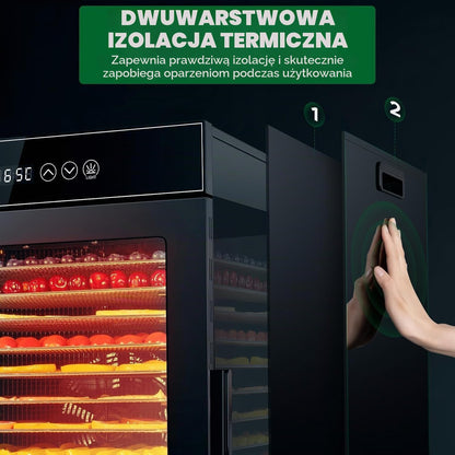 Kwasyo Suszarka ze stali nierdzewnej, 12 poziomów, całkowicie czarna, regulacja temperatury 30-90°C, timer 24-godzinny, zeszyt z przepisami na mięso, owoce, warzywa, zioła, 900 W, LT-09