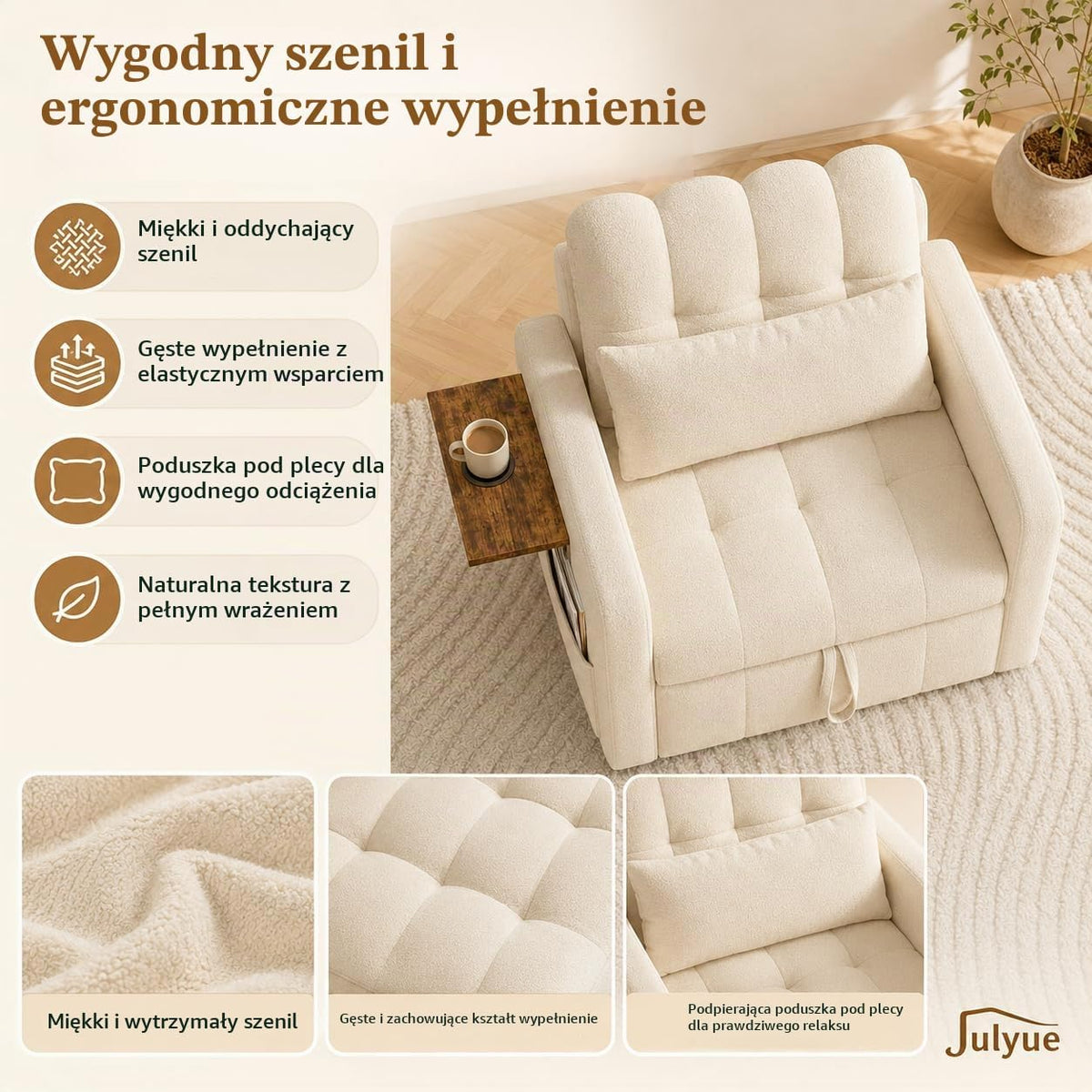 Mała sofa z funkcją spania 3 w 1, rozkładane łóżko 190 cm z kieszenią boczną, fotel do spania, fotel relaksacyjny, rozkładana sofa, taboret do spania z funkcją łóżka do 200 kg, beżowy materiał