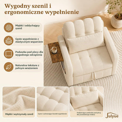 Mała sofa z funkcją spania 3 w 1, rozkładane łóżko 190 cm z kieszenią boczną, fotel do spania, fotel relaksacyjny, rozkładana sofa, taboret do spania z funkcją łóżka do 200 kg, beżowy materiał