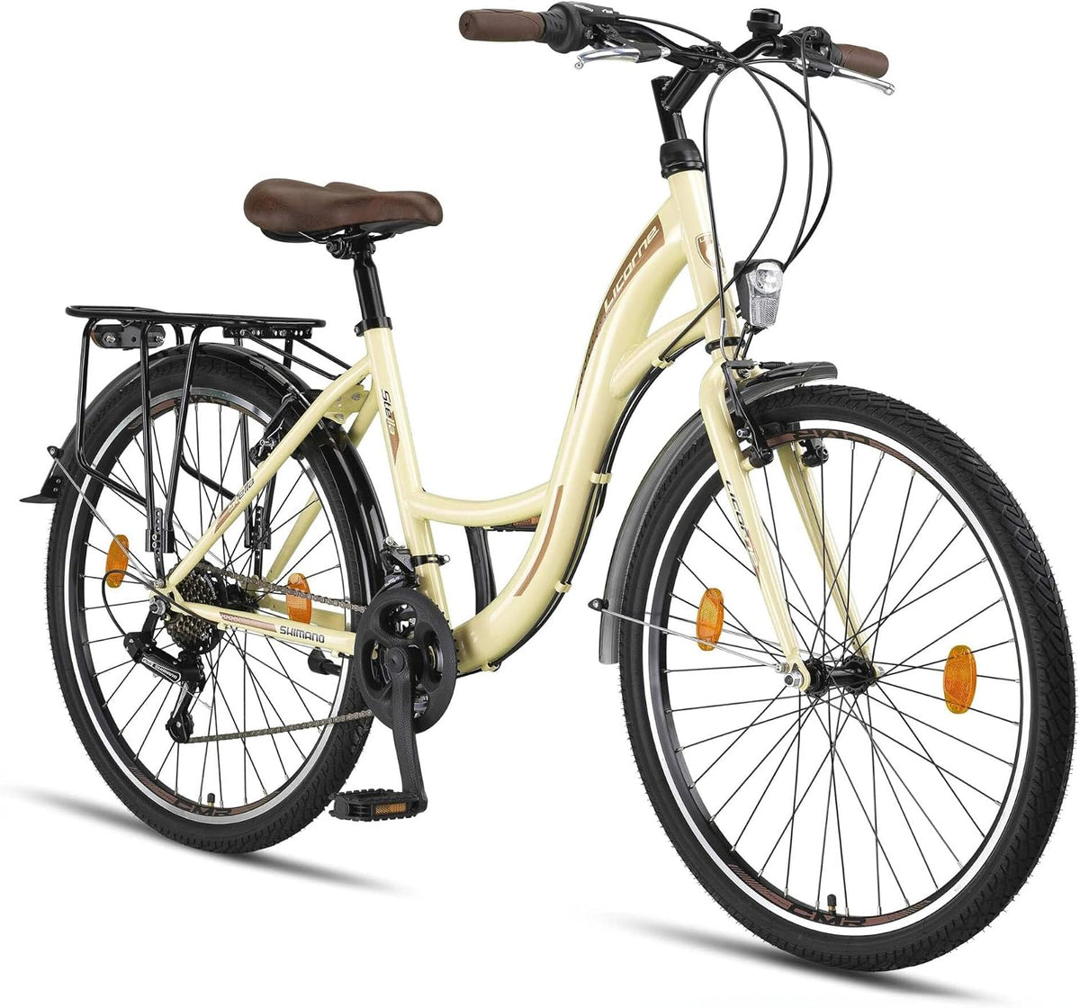 Licorne Bike Stella Premium City Bike rower miejski o średnicy koła 28 cali – rower dla dziewcząt, chłopców, mężczyzn i kobiet – 21-biegowa przerzutka, rower holenderski, beżowy
