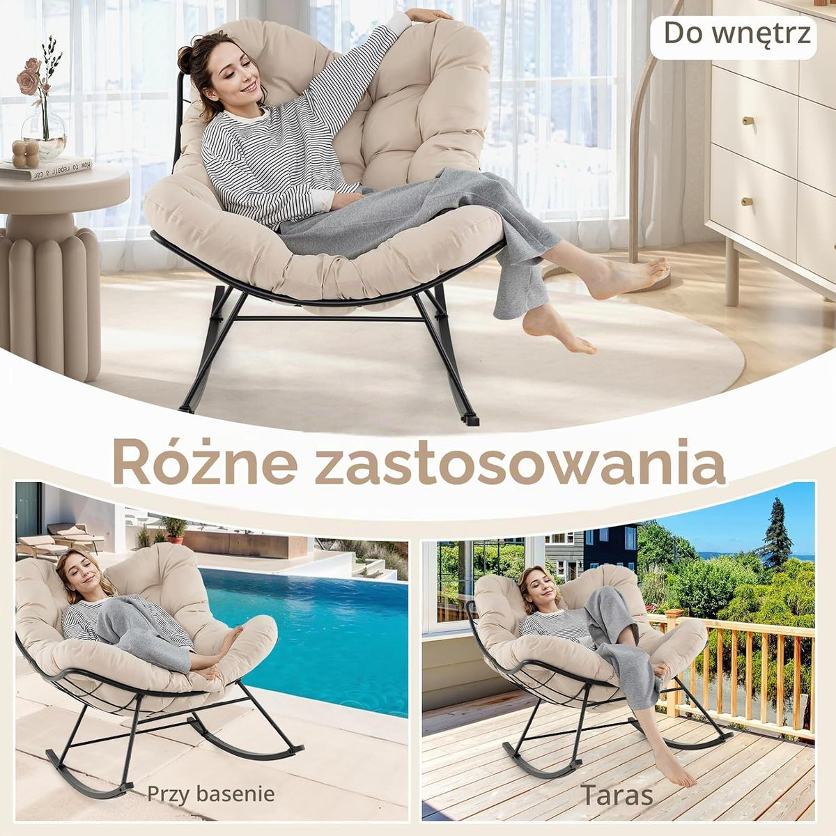 GIANTEX Fotel bujany w kształcie jajka z grubą poduszką, fotel bujany, obciążenie 205 kg, metalowa rama, do salonu, balkonu, ogrodu, na taras, beżowe