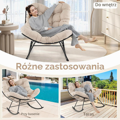 GIANTEX Fotel bujany w kształcie jajka z grubą poduszką, fotel bujany, obciążenie 205 kg, metalowa rama, do salonu, balkonu, ogrodu, na taras, beżowe