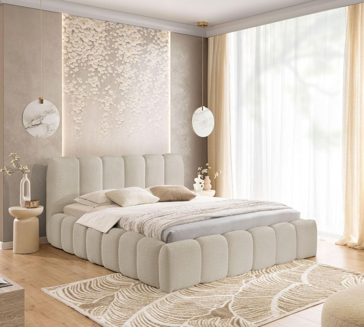 FURNISTAR MIA łóżko tapicerowane ze skrzynią na pościel, 200 x 200 cm, podwójne łóżko z miejscem do przechowywania i stelażem, wygląd łóżka kontynentalnego, bez materaca, do sypialni, beżowe