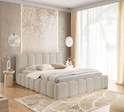 FURNISTAR MIA łóżko tapicerowane ze skrzynią na pościel, 200 x 200 cm, podwójne łóżko z miejscem do przechowywania i stelażem, wygląd łóżka kontynentalnego, bez materaca, do sypialni, beżowe