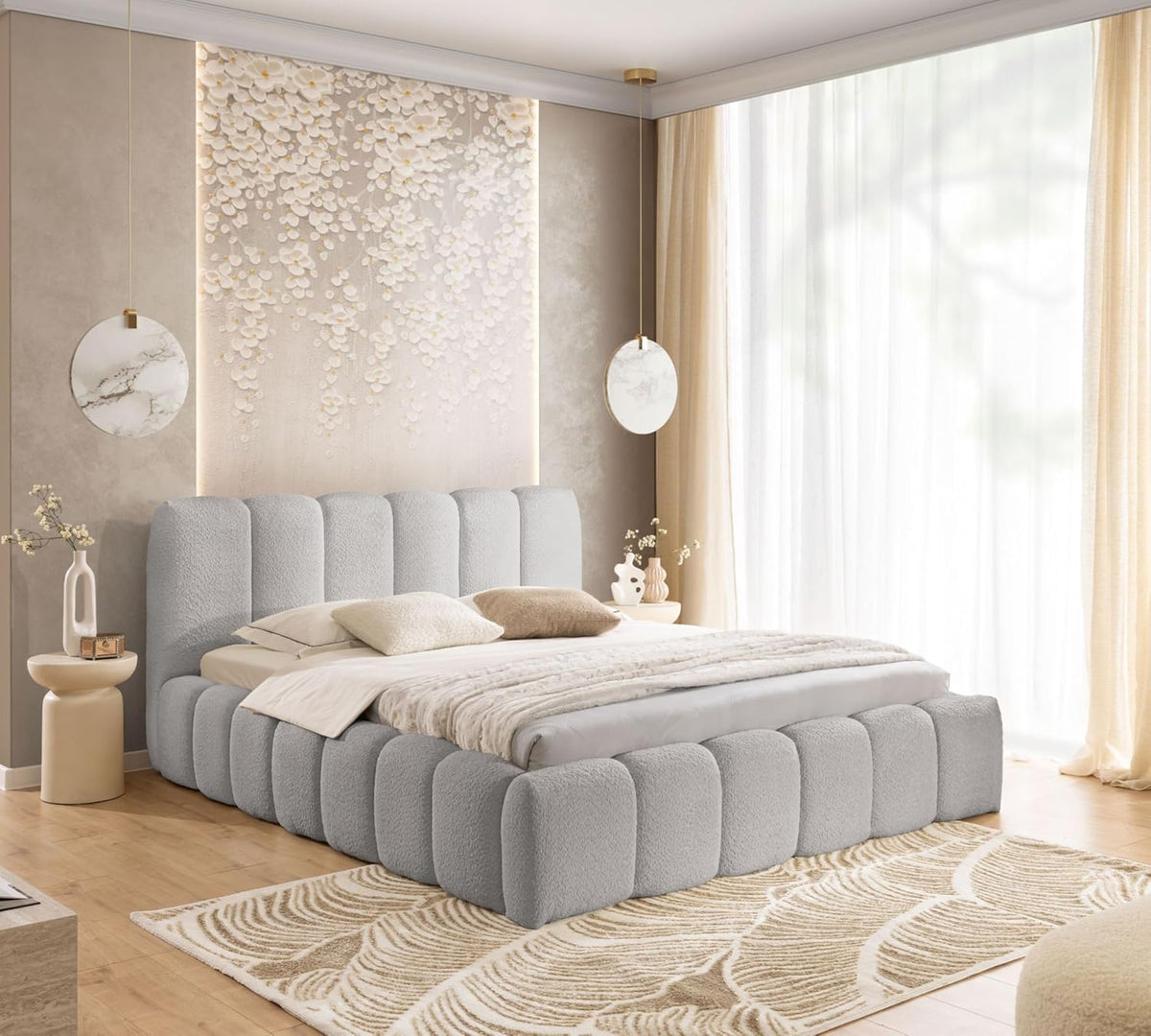 FURNISTAR MIA łóżko tapicerowane ze skrzynią na pościel, 200 x 200 cm, podwójne łóżko z miejscem do przechowywania i stelażem, wygląd łóżka kontynentalnego, bez materaca, do sypialni, beżowe