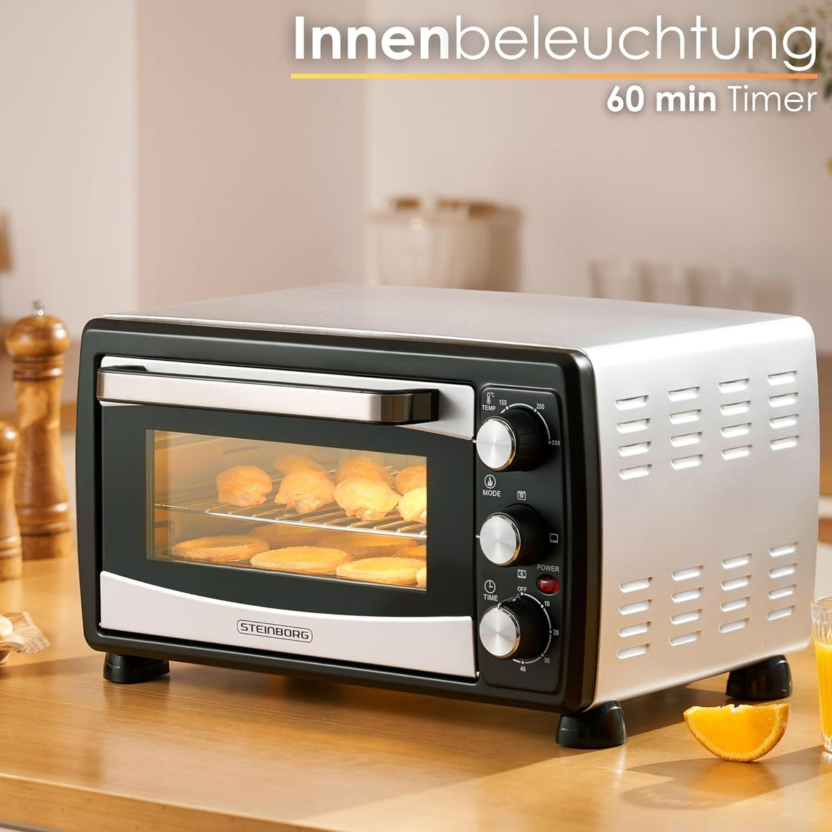 Mini piekarnik 20 l, piec do pizzy, mini piekarnik 3 w 1, z termoobiegiem, wyjmowana blacha na okruchy, 1400 W, grzanie górne/dolne, stal nierdzewna, timer 60 min