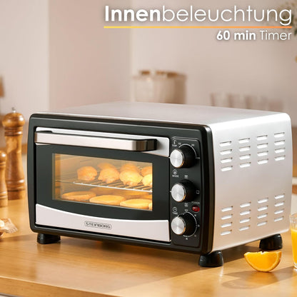 Mini piekarnik 20 l, piec do pizzy, mini piekarnik 3 w 1, z termoobiegiem, wyjmowana blacha na okruchy, 1400 W, grzanie górne/dolne, stal nierdzewna, timer 60 min