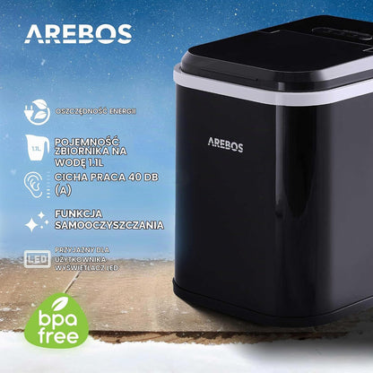 Arebos Kostkarka do lodu | 12 kg / 24 h | czas produkcji 10-15 minut | zbiornik na wodę o pojemności 1,1 l | kostkarka do lodu | cicha praca | funkcja samoczyszczenia | czarna