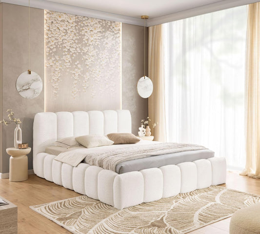 FURNISTAR MIA łóżko tapicerowane ze skrzynią na pościel, 200 x 200 cm, podwójne łóżko z miejscem do przechowywania i stelażem, wygląd łóżka kontynentalnego, bez materaca, do sypialni, beżowe