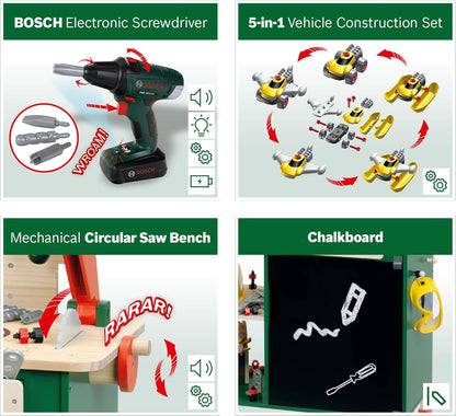 Klein 8734 Drewniany Stół Warsztatowy Bosch i Solidny Stół Warsztatowy Dla Dzieci, Regulowana Wysokość I Elektryczna Wiertarka Akumulatorowa