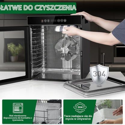 Kwasyo Suszarka ze stali nierdzewnej, 12 poziomów, całkowicie czarna, regulacja temperatury 30-90°C, timer 24-godzinny, zeszyt z przepisami na mięso, owoce, warzywa, zioła, 900 W, LT-09