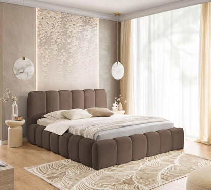 FURNISTAR MIA łóżko tapicerowane ze skrzynią na pościel, 200 x 200 cm, podwójne łóżko z miejscem do przechowywania i stelażem, wygląd łóżka kontynentalnego, bez materaca, do sypialni, beżowe
