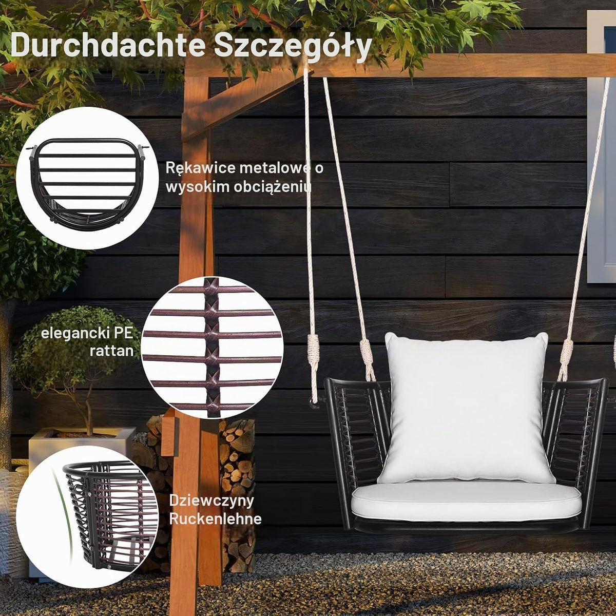 COSTWAY Fotel wiszący, rattanowy, obciążenie do 180 kg, fotel wiszący z poduszkami, metalową ramą i linami wiszącymi, fotel bujany, na werandę, do ogrodu, na podwórko (biały)