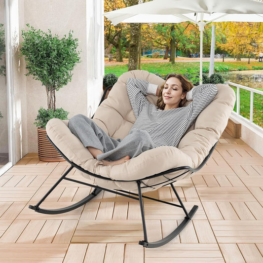 GIANTEX Fotel bujany w kształcie jajka z grubą poduszką, fotel bujany, obciążenie 205 kg, metalowa rama, do salonu, balkonu, ogrodu, na taras, beżowe