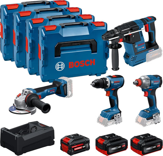 Bosch PRO 18V System Zestaw Combo: GSR 18V-65, GDX 18V-285, GBH 18V-26, GWS 18V-11, 2 akumulatory GBA 18V 5.0Ah, 1 akumulator EXBA 18V 5.5Ah, ładowarka GAL 12V/18V-80, 4 walizki L-BOXX 136
