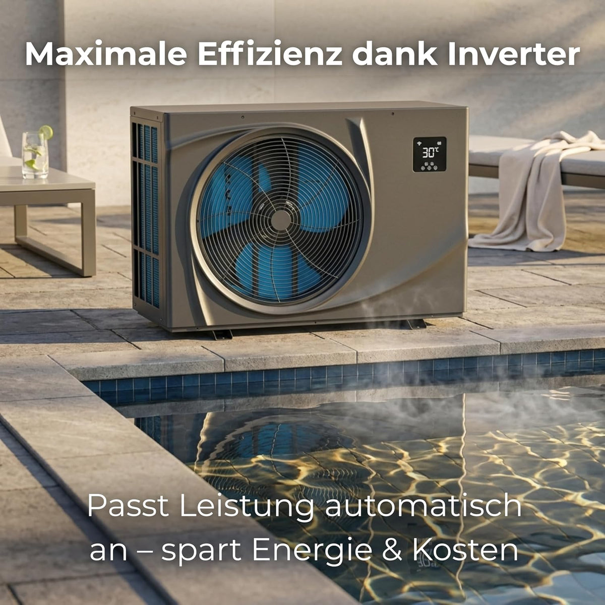 poolomio® Pompa ciepła do basenu 30–45 m³ NET Inverter 06| ultra ciche ogrzewanie basenu z WiFi | Energooszczędne ogrzewanie (COP 13,60) do basenu, Full Inverter DC do 7,3 kW, praca w temperaturze -5°